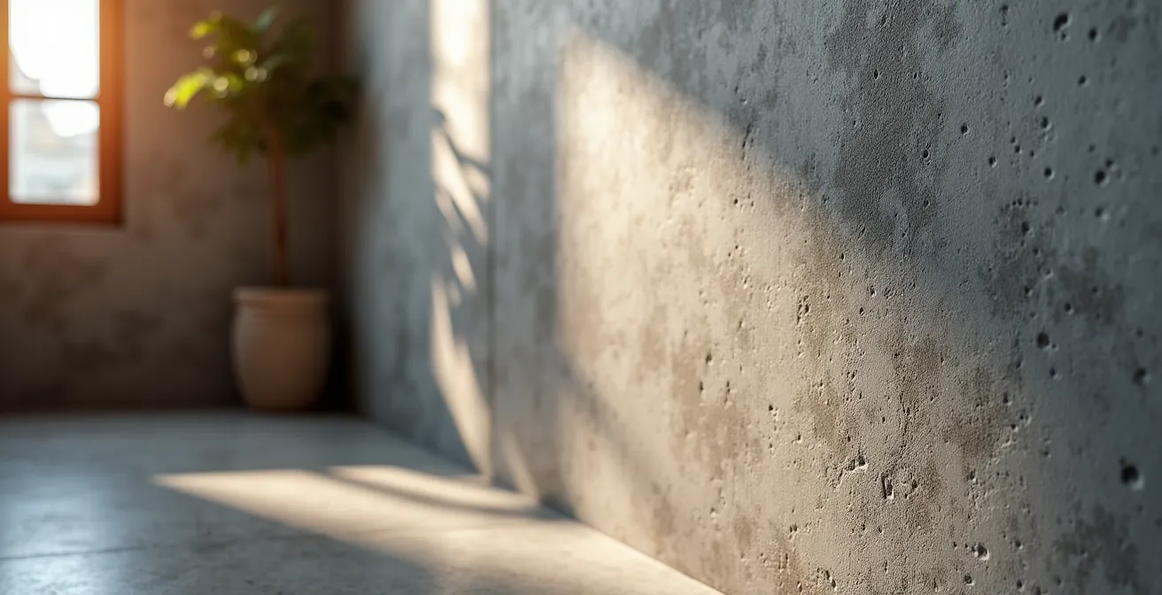 Moderne Betonoptik-Vliestapete im Wohnzimmer unter verschiedenen Lichtverhältnissen