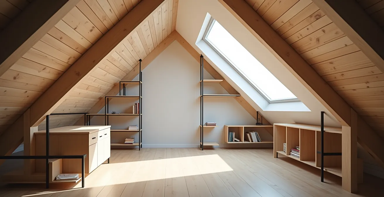 Modulares Regalsystem perfekt angepasst an Dachschräge mit integriertem Arbeitsplatz