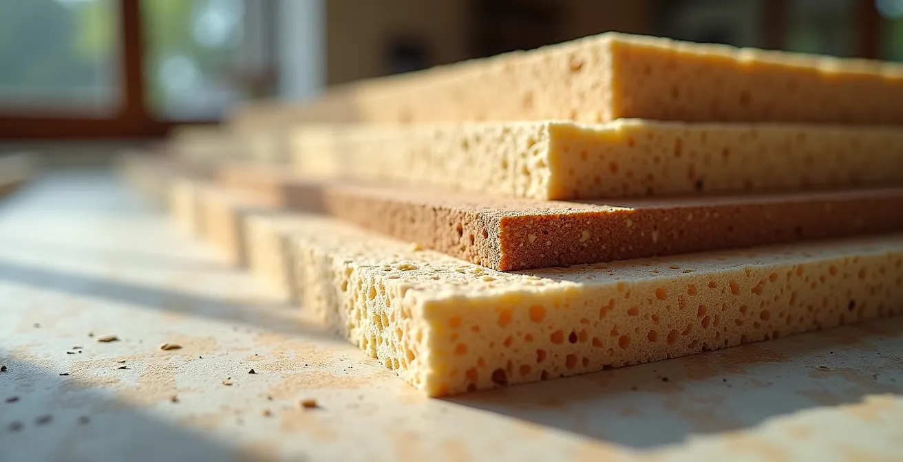 Makroaufnahme verschiedener Trittschalldämmungen wie PU-Schaum, Holzfaser und XPS im Vergleich