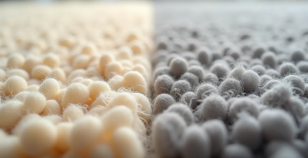 Nahaufnahme zweier Teppichmuster im Vergleich, links natürliche Wollfasern, rechts glattere Kunstfasern.