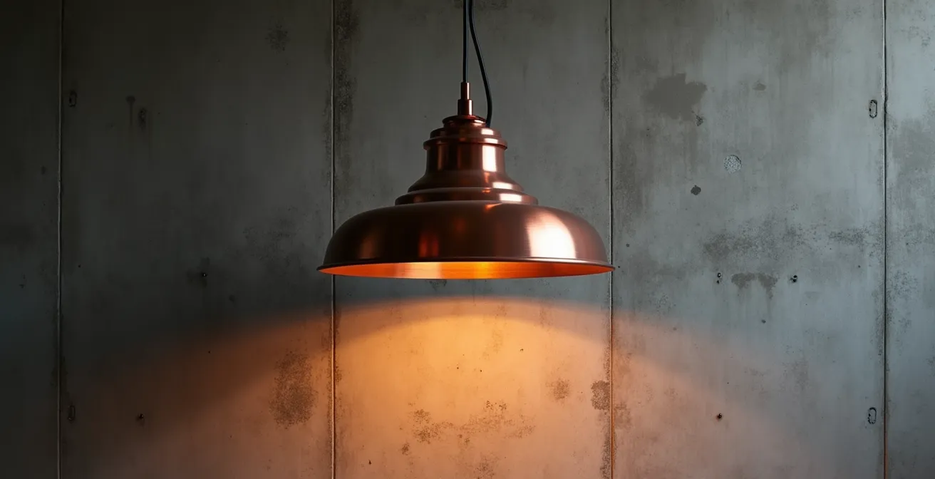 Kupferne Pendelleuchte vor grauer Betonwand im Industrial Design