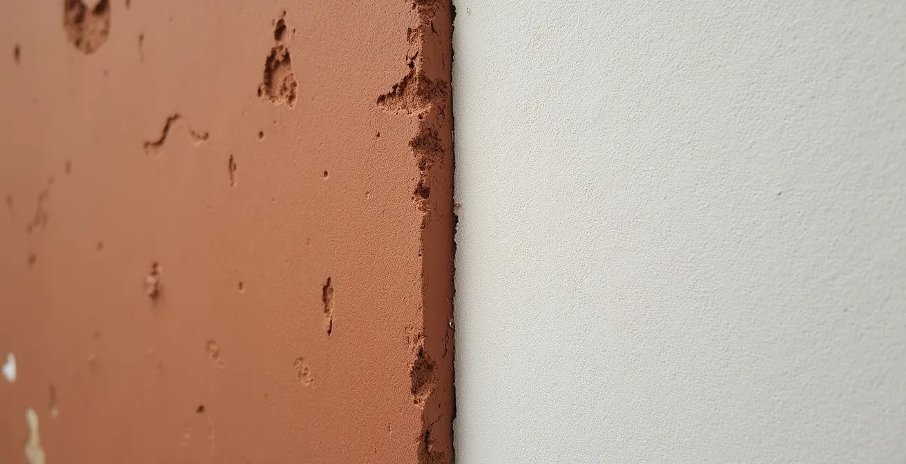 Makroaufnahme von Lehm- und Kalkputz-Texturen nebeneinander