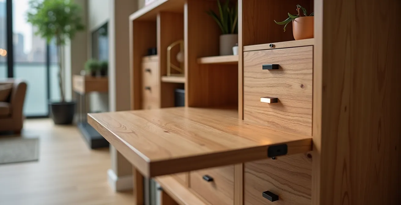 Clevere Mikro-Architektur mit maßgefertigtem Einbauschrank als Arbeitsplatz in kleiner Nische