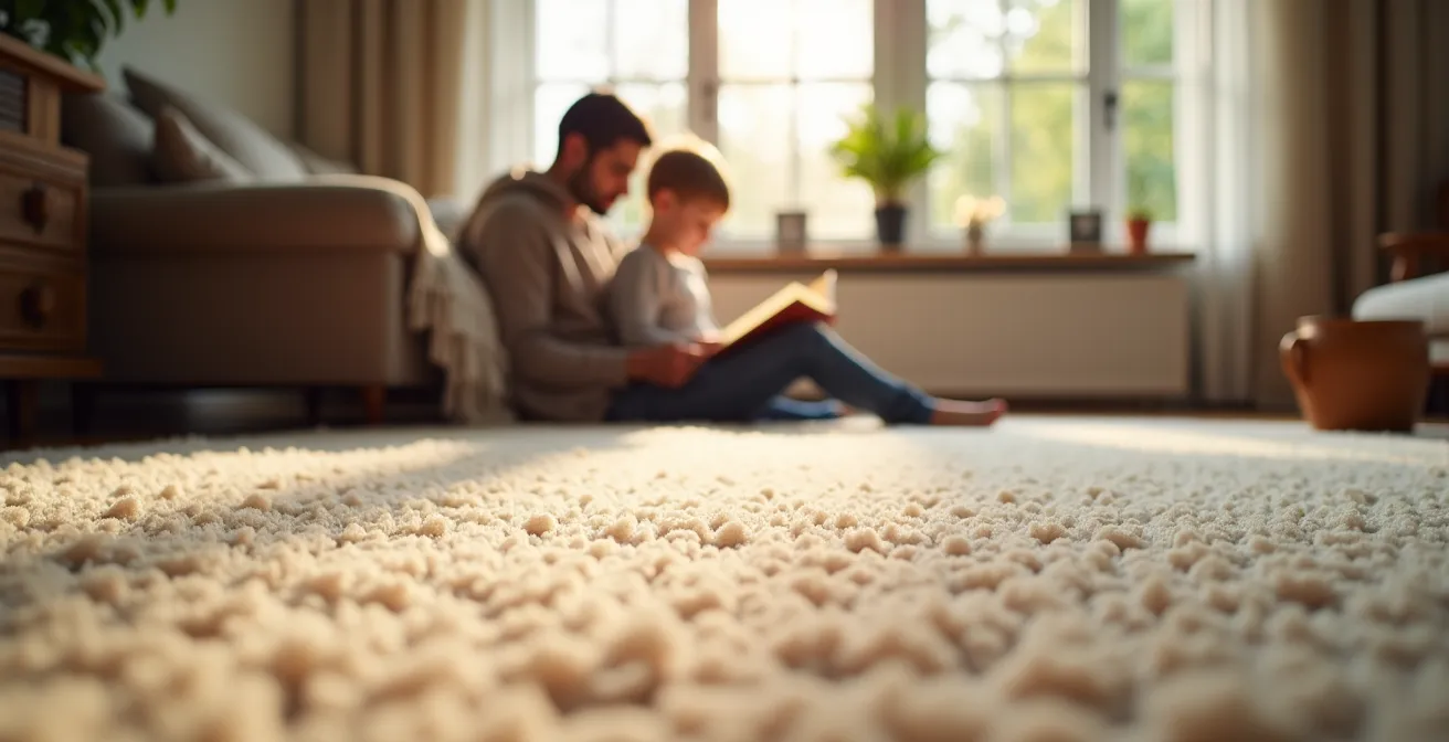 Eine deutsche Familie liest entspannt zusammen auf einem dicken, hochflorigen Teppich, der als nachträgliche Schalldämmung dient.