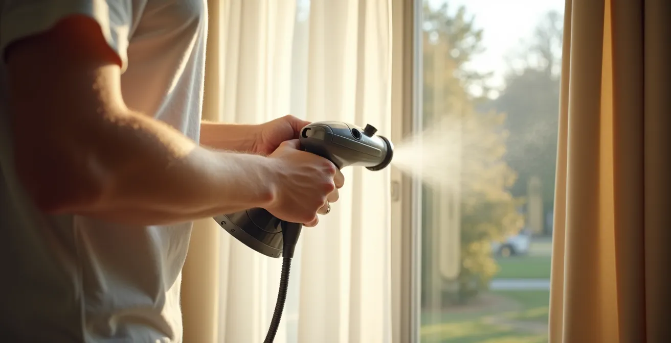 Thermovorhang wird schonend per Hand gereinigt mit sichtbarer Dampfreinigung