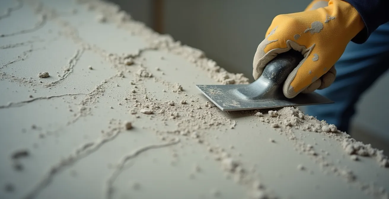 Nahaufnahme der Spachteltechnik für Betonoptik an einer Wand