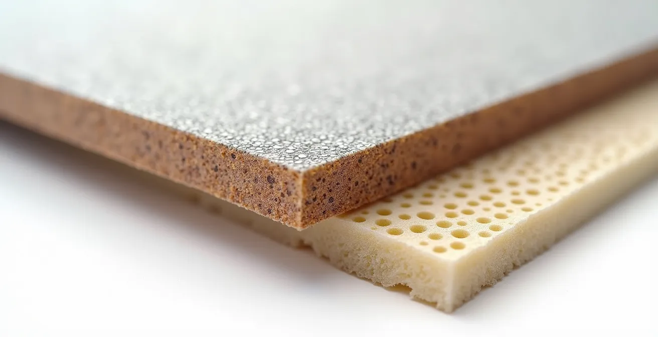 Querschnitt durch Vinylboden mit verschiedenen Dämmungsarten