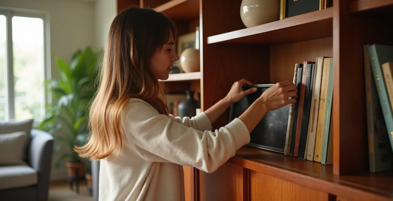 Umfunktioniertes Vintage-Regal aus Teakholz als stilvoller Raumtrenner zwischen Wohn- und Arbeitsbereich