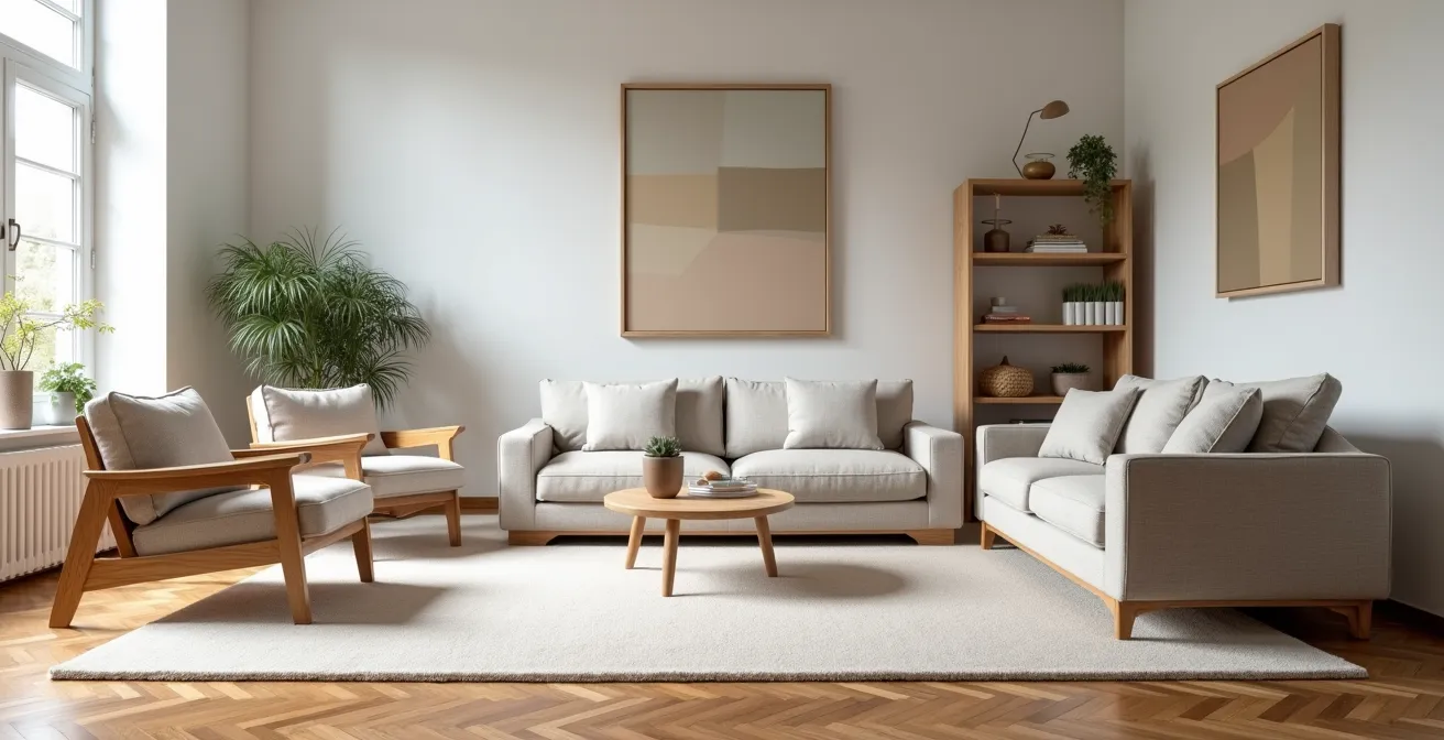 Modernes Wohnzimmer mit einem optimal dimensionierten, großen Teppich, der die gesamte Sitzgruppe verankert.