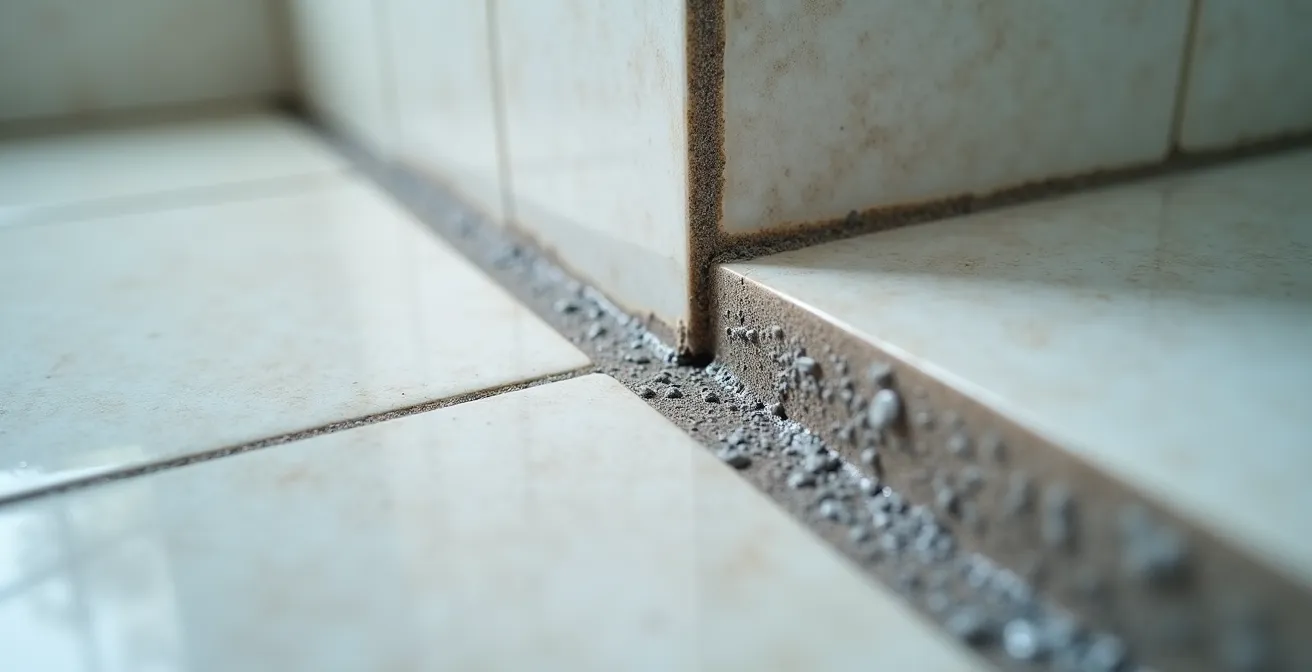 Detailaufnahme einer wasserdichten Abdichtung im Duschbereich, die die texturierte Oberfläche und die Dichtbänder in den Ecken zeigt.