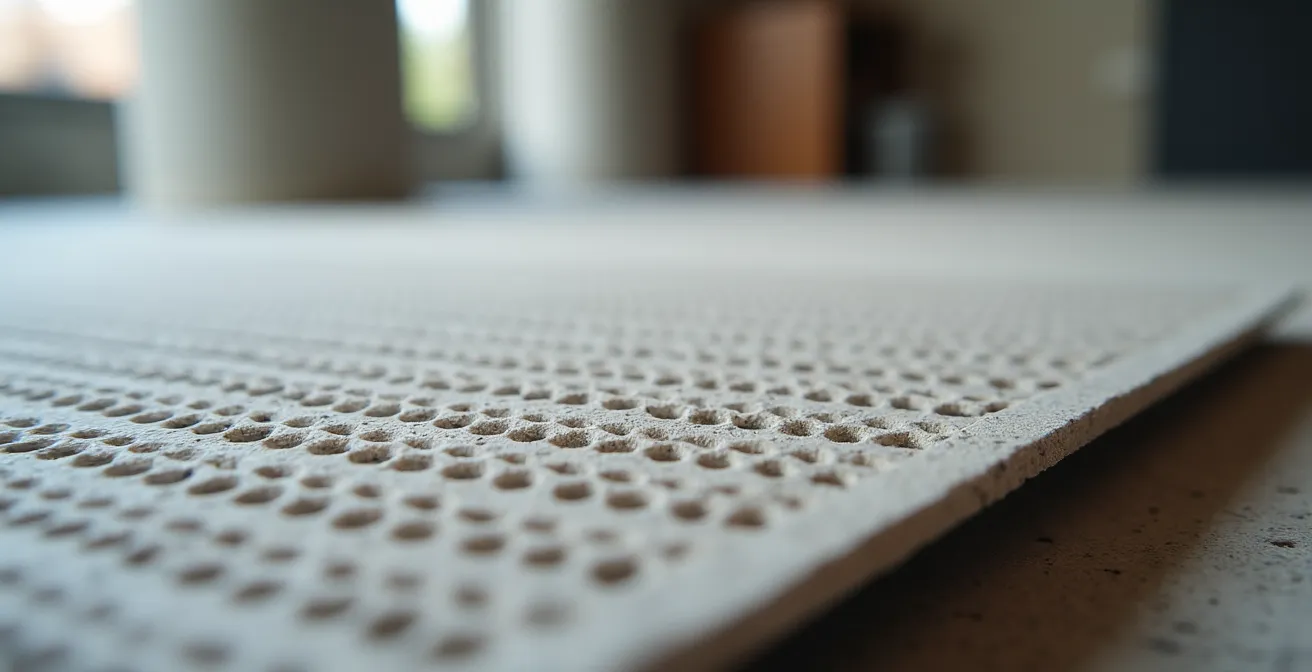 Mikroperforierte Akustikplatten in Betonoptik an einer Loft-Wand montiert