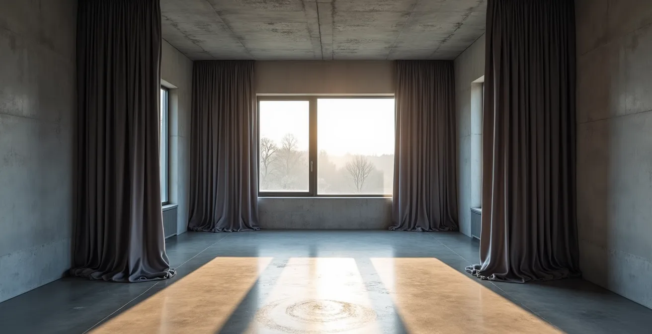 Schwere Vorhänge in einem modernen minimalistischen Raum mit Betonwänden
