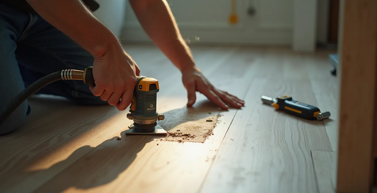 Handwerker beim präzisen Austausch einer einzelnen Vinylplanke mit Spezialwerkzeug
