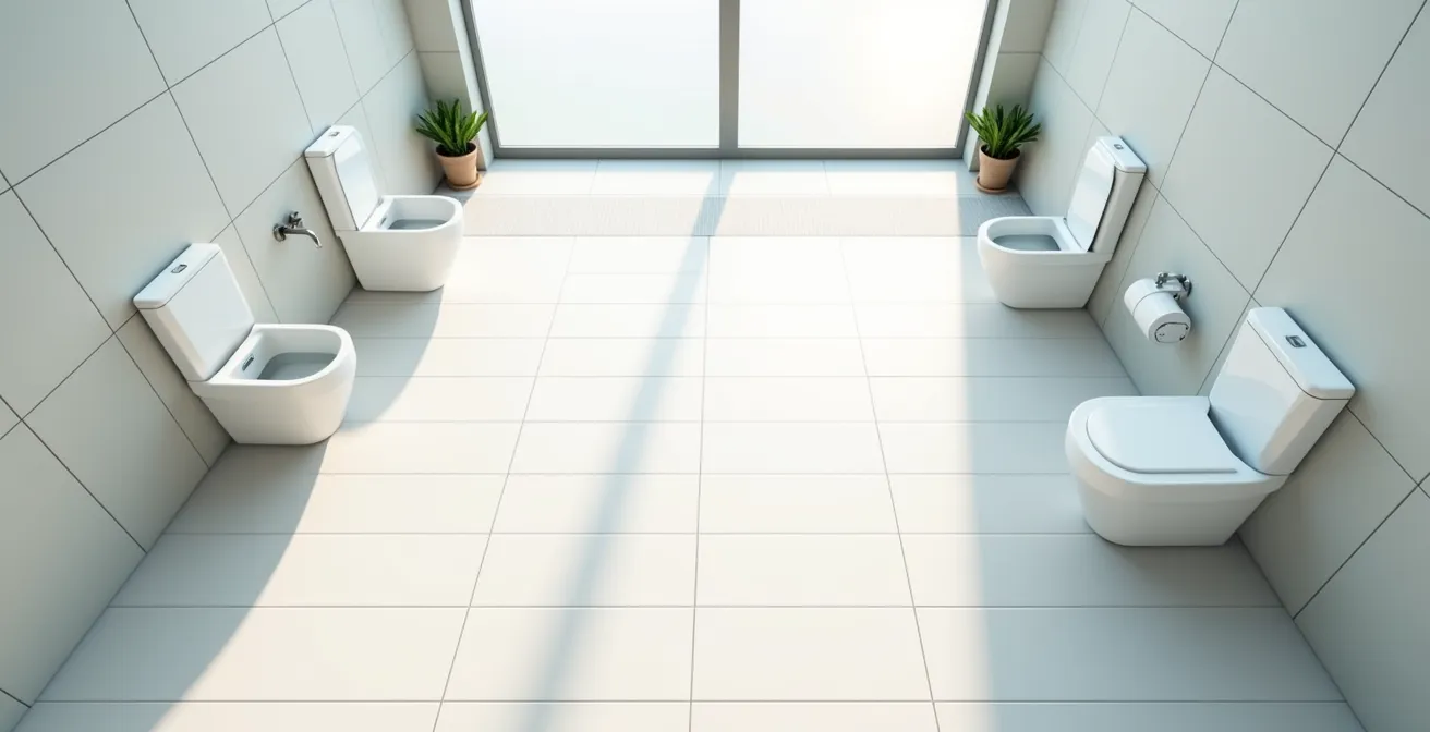 Barrierefreies Badezimmer mit markierten Bewegungsflächen für Rollstuhl