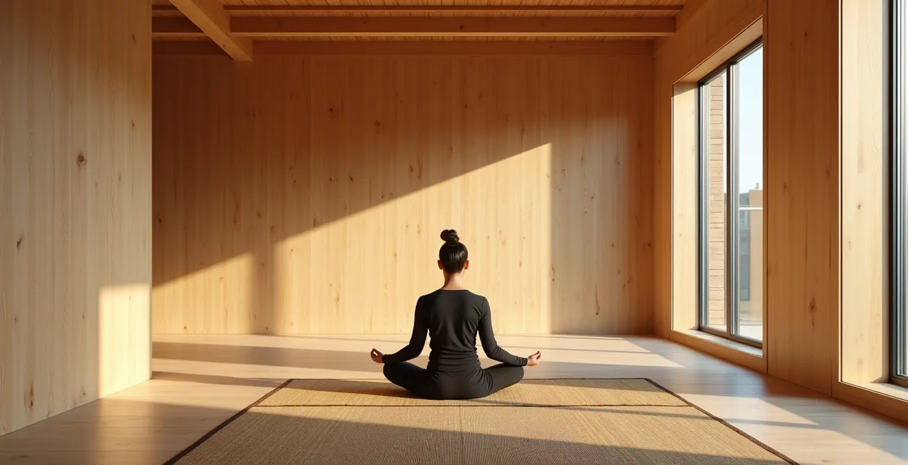 Person entspannt in einem Raum mit unbehandelten Holzwänden und natürlicher Beleuchtung