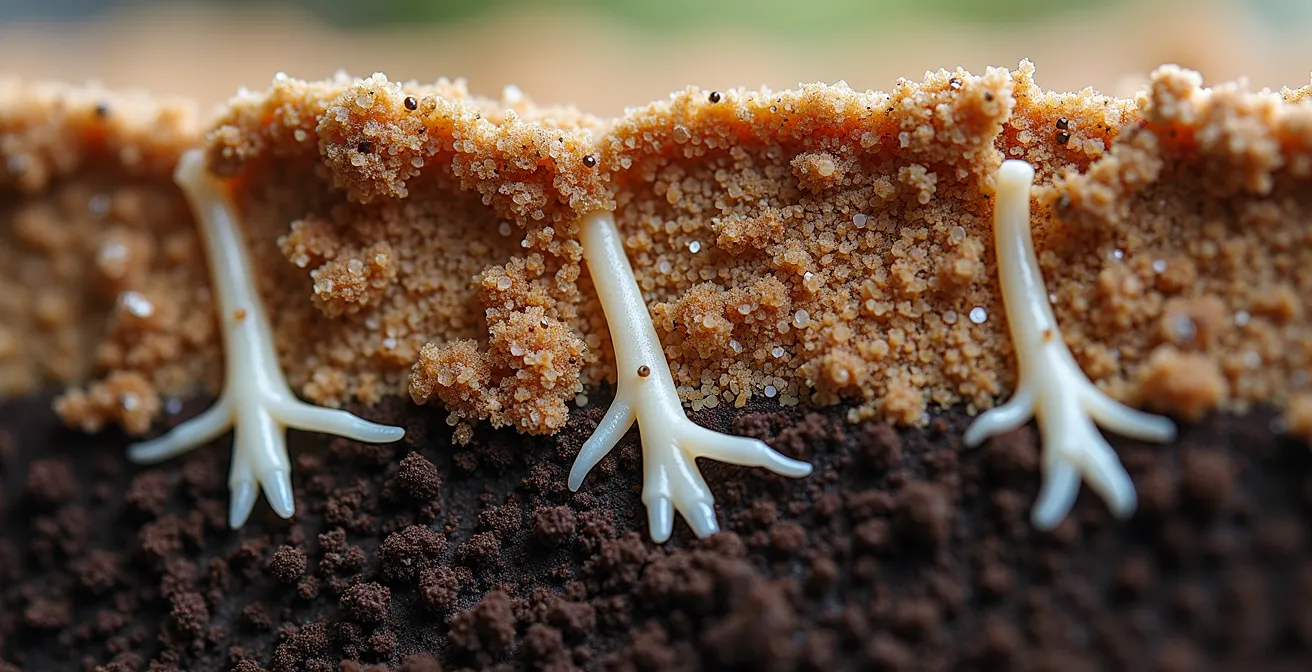 Makroaufnahme von Sandkörnern gemischt mit dunklem Humus und feinen Pflanzenwurzeln, die sich hindurchschlängeln