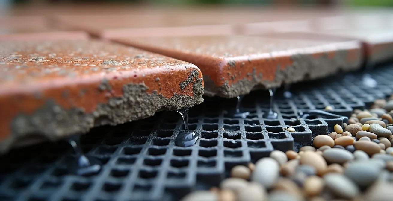 Detailaufnahme einer Drainagematte unter Terrassenfliesen im Querschnitt, die die Hohlräume zur Wasserableitung zeigt