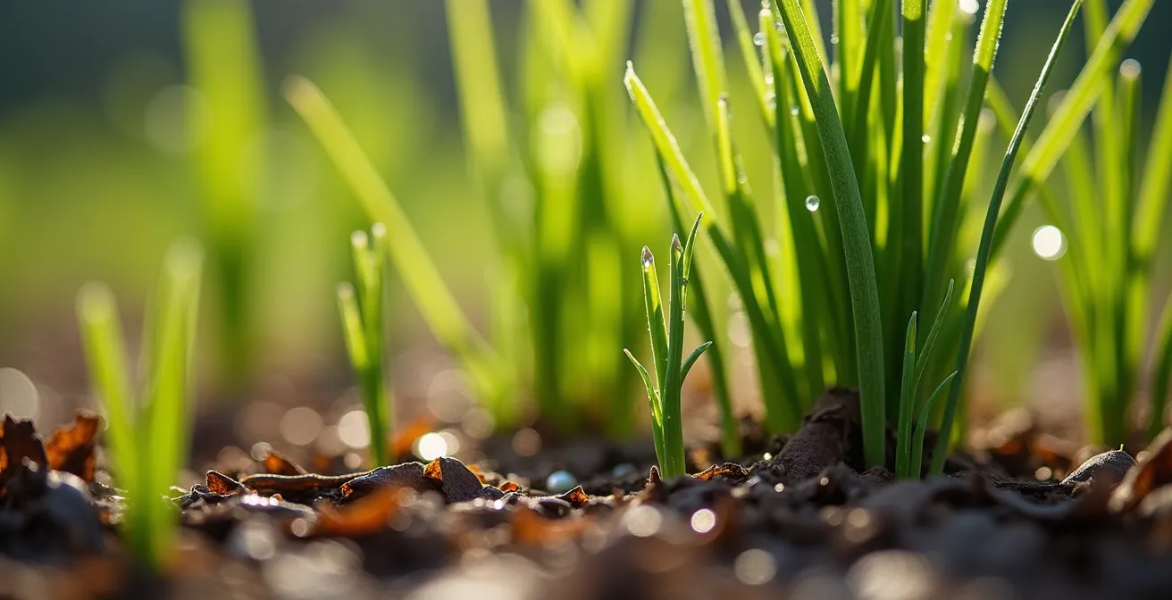 Nahaufnahme der ersten grünen Spitzen am Fuß von Elefantengras im Frühjahr