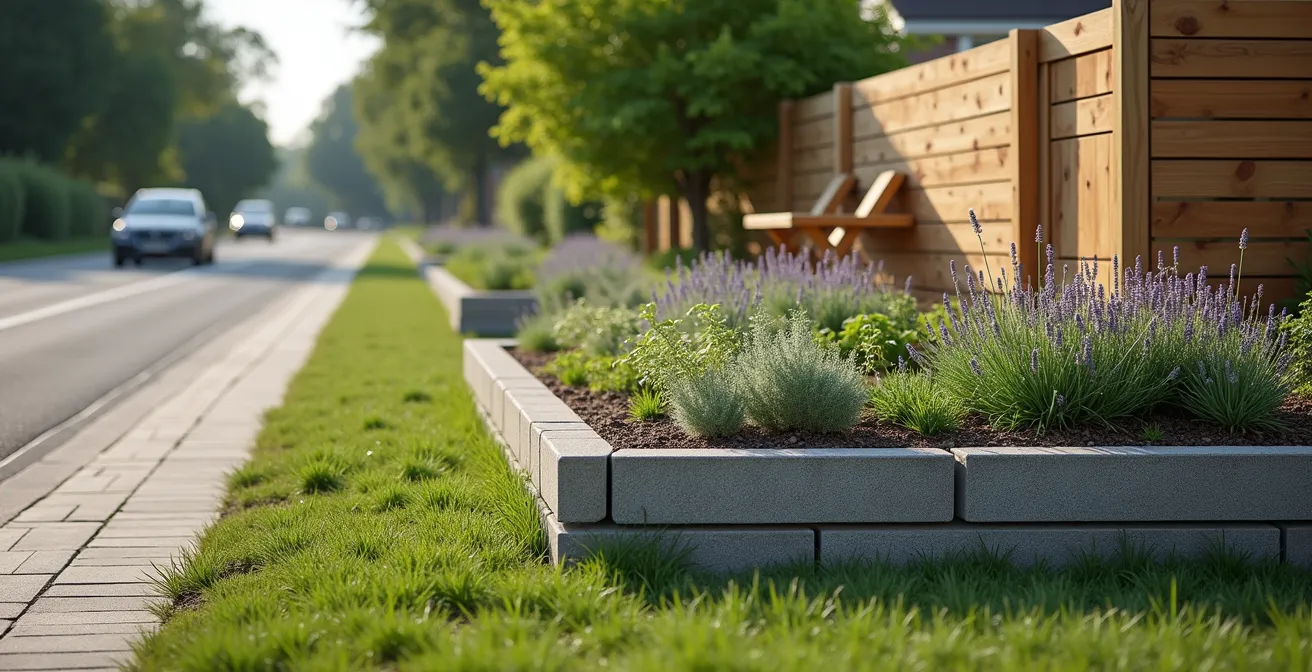 Gartenquerschnitt mit bepflanztem Erdwall und aufgesetztem Holzzaun als Lärmschutz