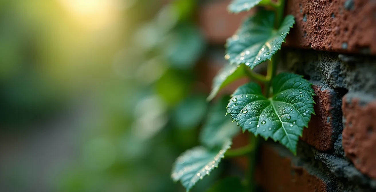 Makroaufnahme von Efeublättern an einer Hauswand mit Tautropfen, die den Prozess der Verdunstungskühlung symbolisieren