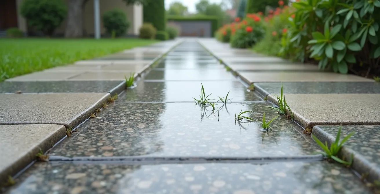Querschnitt durch drei Fugensysteme: Sandfuge mit Drainage, Epoxidharzfuge mit Wasserstau und Kunstharzfuge mit optimaler Wasserdurchlässigkeit.