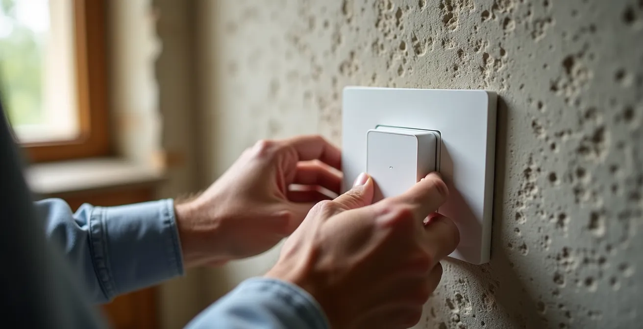 Hand installiert einen batterielosen Funkschalter an einer Altbauwand