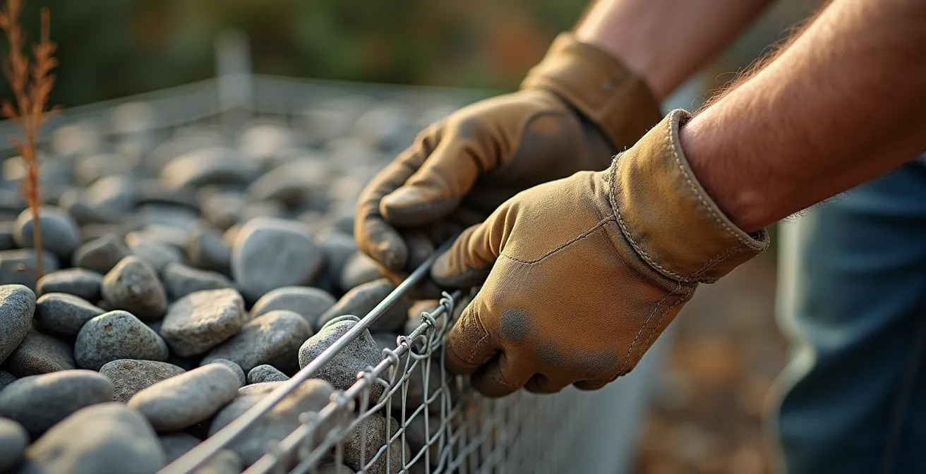 Detailaufnahme der korrekten Distanzhalter-Montage in einer Gabione