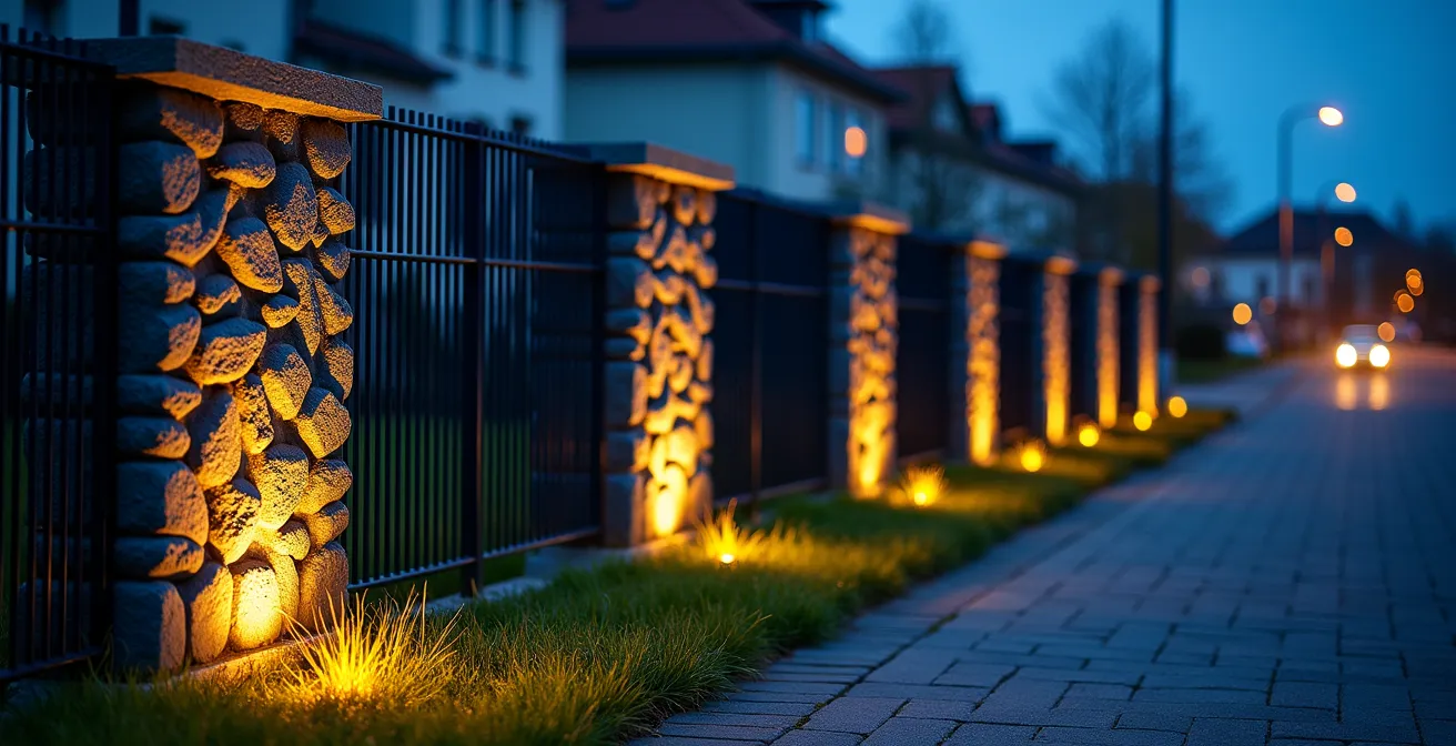 Gabionenzaun mit integrierten LED-Lichtern und verschiedenen Steinfarben bei Dämmerung