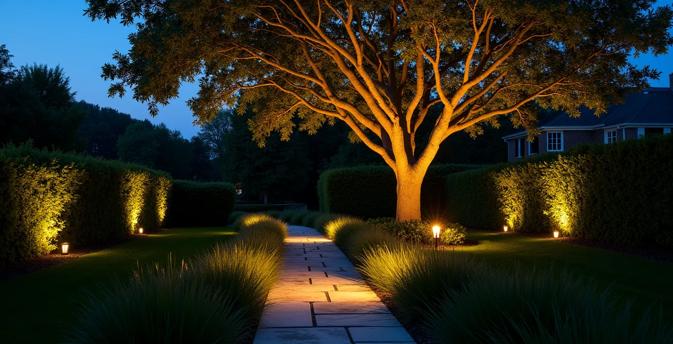 Stimmungsvoll beleuchteter Garten bei Nacht mit indirektem Licht und Tiefenwirkung
