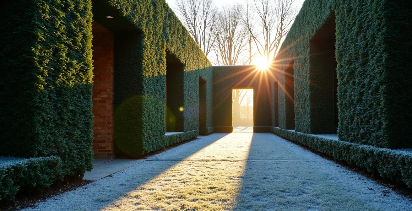 Strukturierte Gartenzimmer durch verschiedene Heckenhöhen im Winterlicht