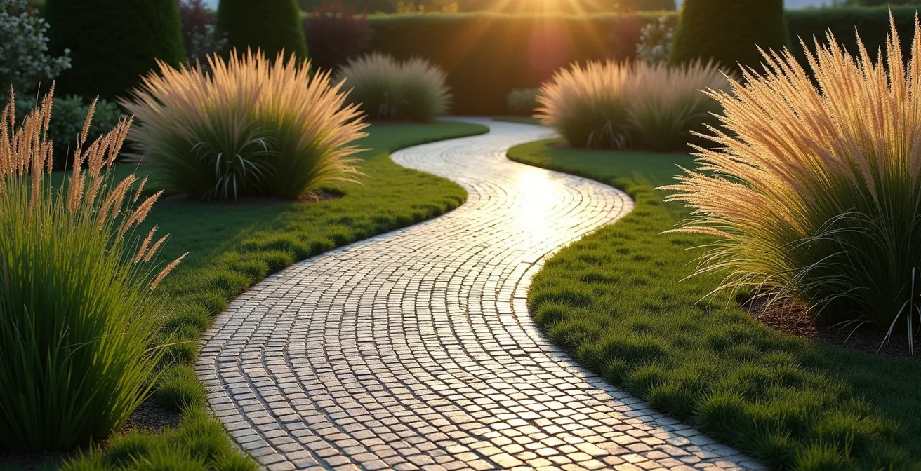 S-förmiger Gartenweg mit Mosaikpflaster in kleinem deutschen Garten