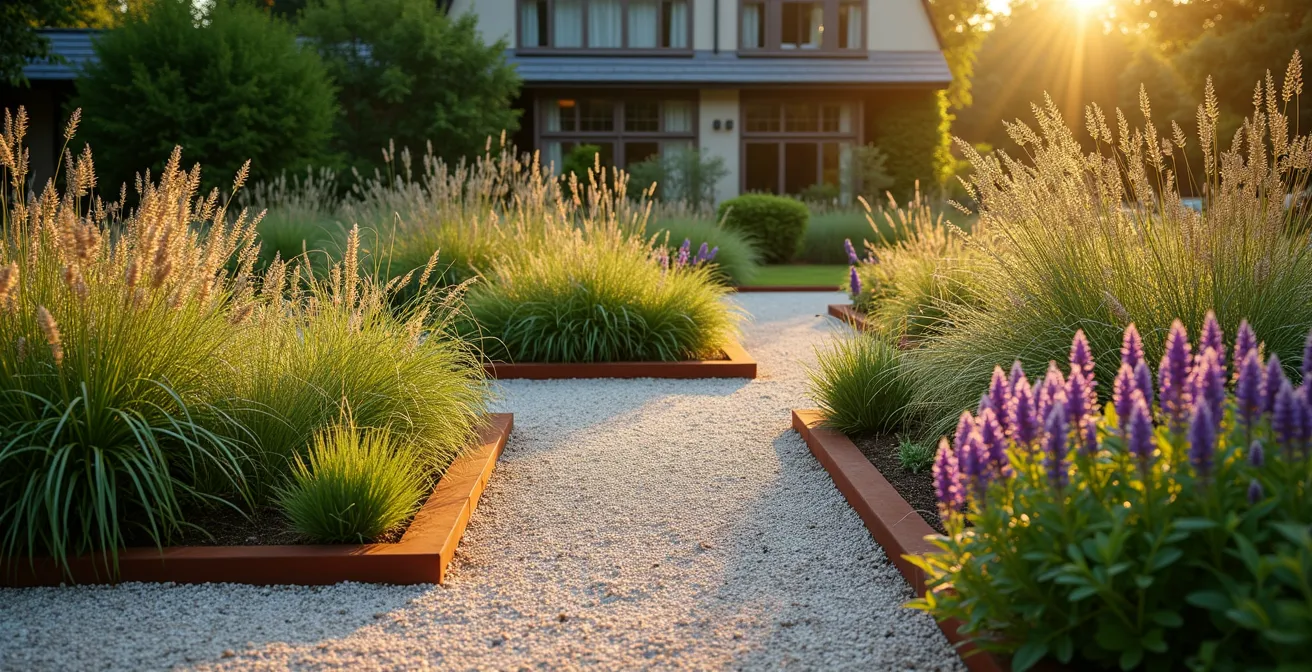 Strukturiertes Wildpflanzenbeet mit klaren Abgrenzungen und bewusster Pflanzenanordnung