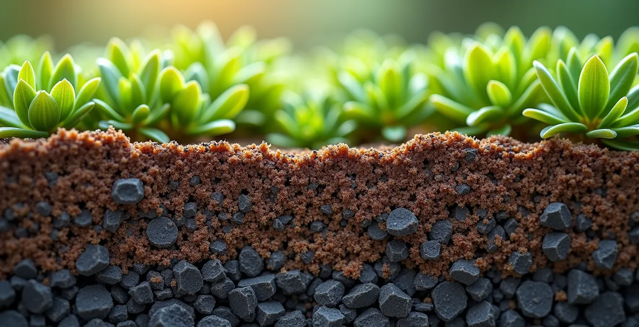 Querschnitt eines Garagendachs mit Schichtaufbau und Gewichtsangaben für Sedum-Begrünung