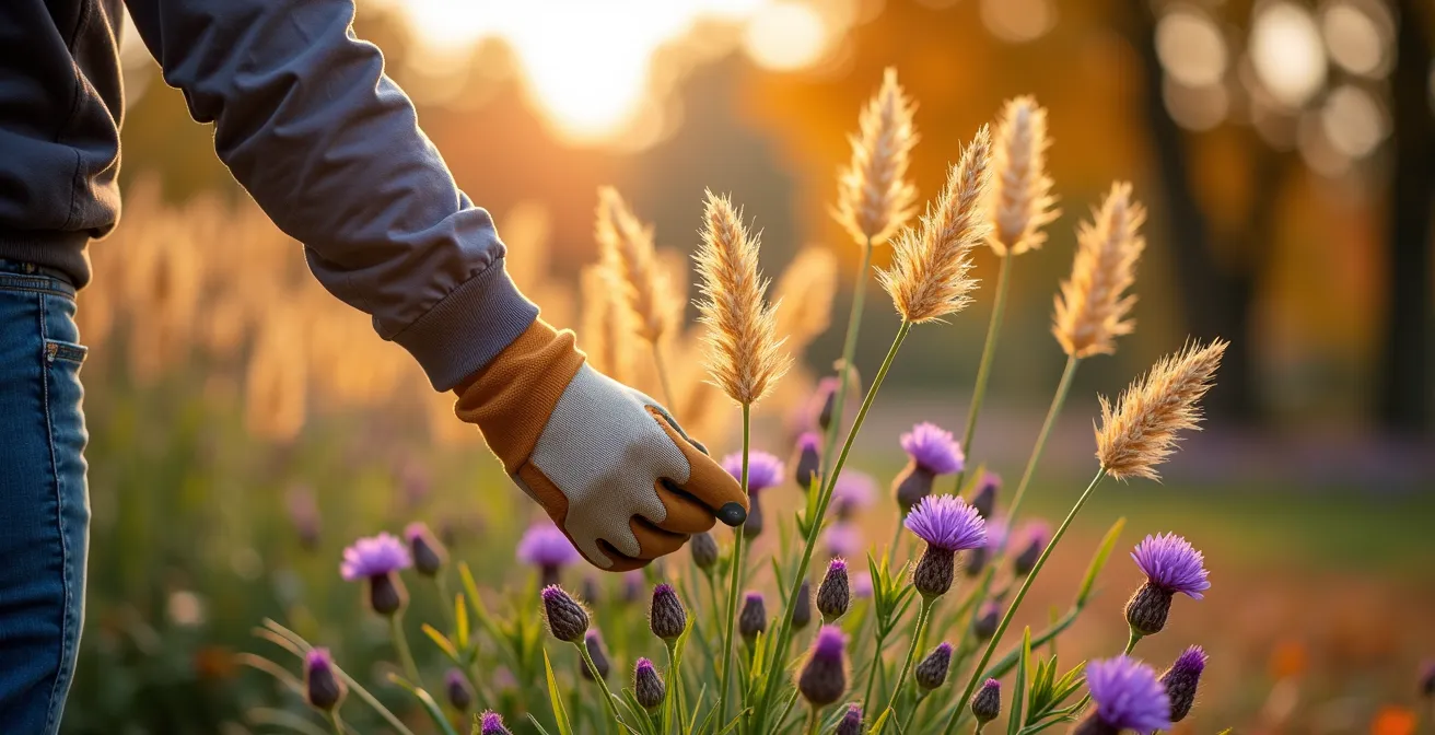 Herbstliche Gartenszene mit goldenen Gräsern und violetten Astern im warmen Oktoberlicht