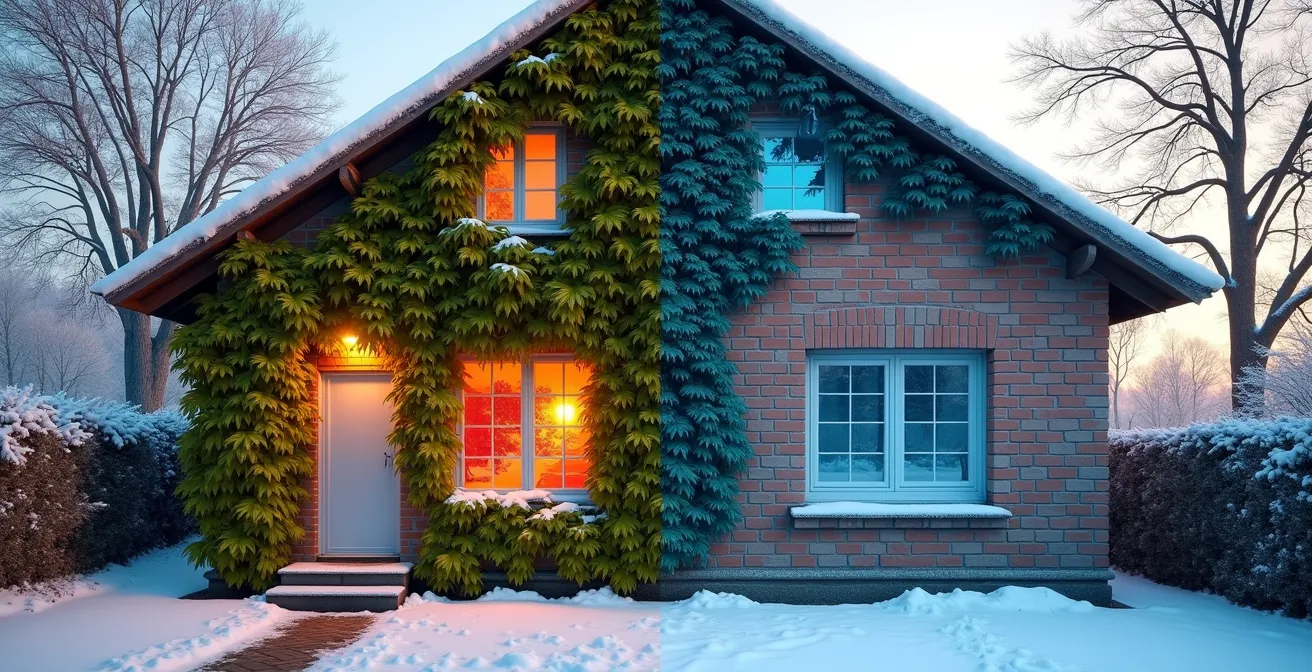 Thermografieaufnahme zeigt Wärmeisolierung durch Fassadenbegrünung im Winter