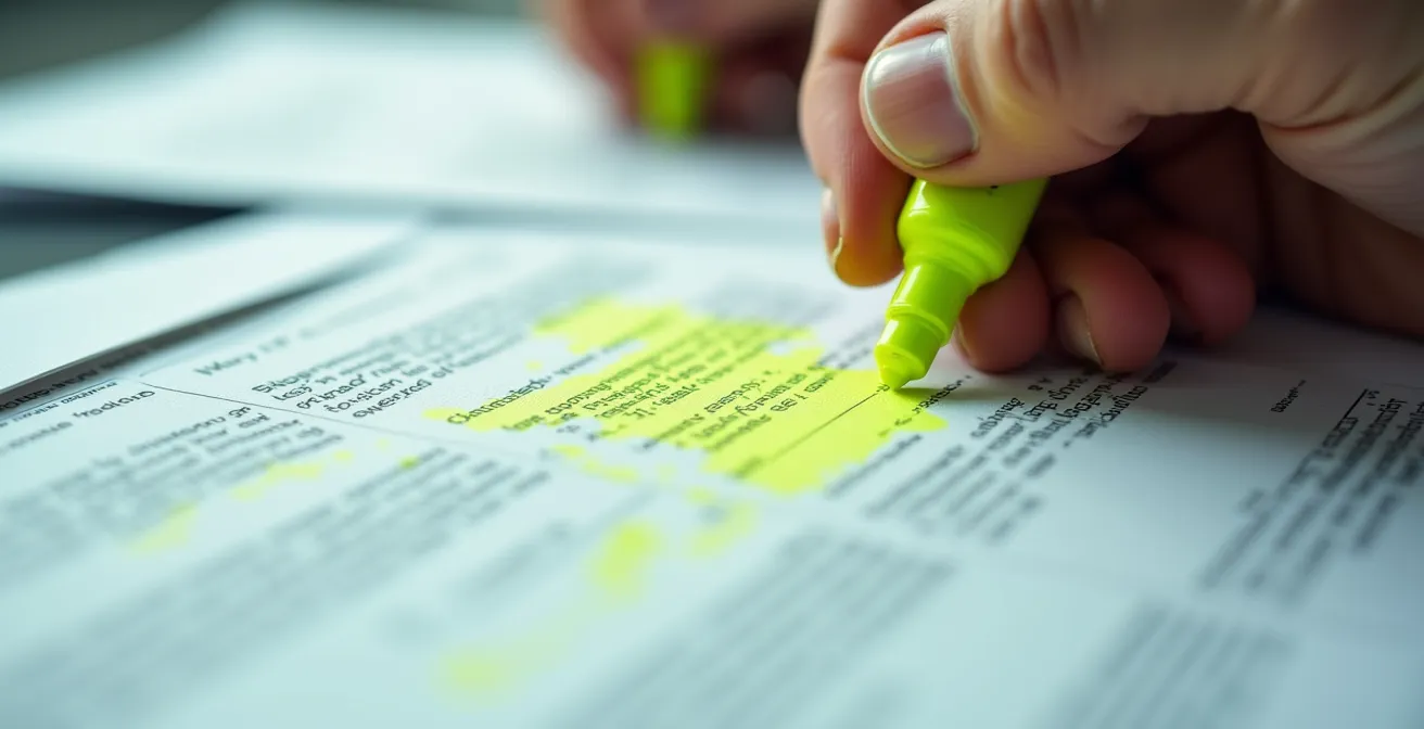 Detailaufnahme von Angebotsvergleich mit Dokumenten und Markierungen