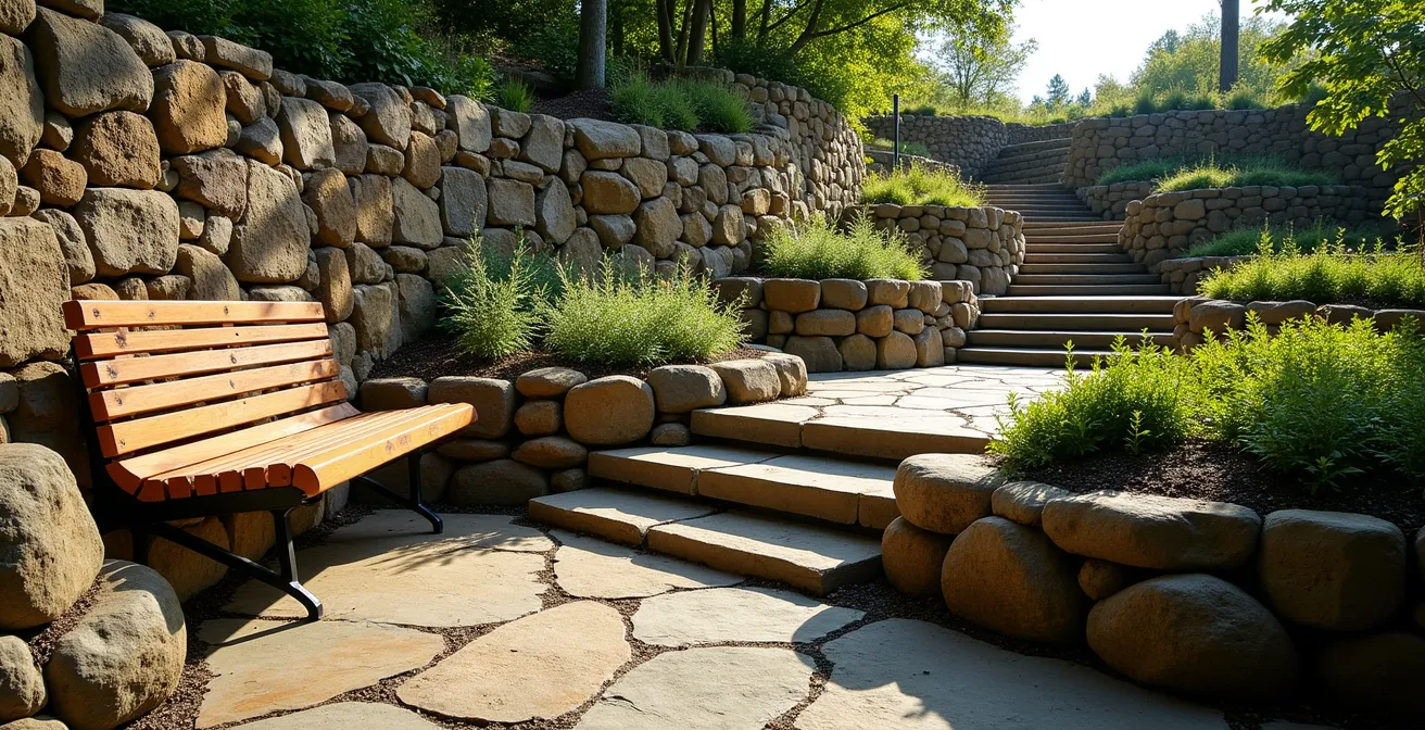 Terrassierter Hangarten mit Gabionen zur Stabilisierung der Ebenen und einer traditionellen Trockenmauer als Beetbegrenzung.