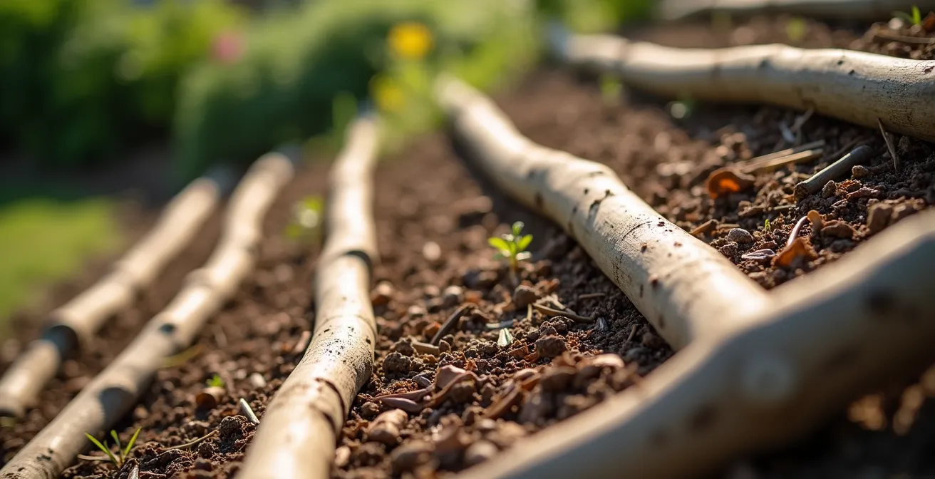 Hangbeet mit querliegenden Ästen als natürliche Barrieren für Rindenmulch