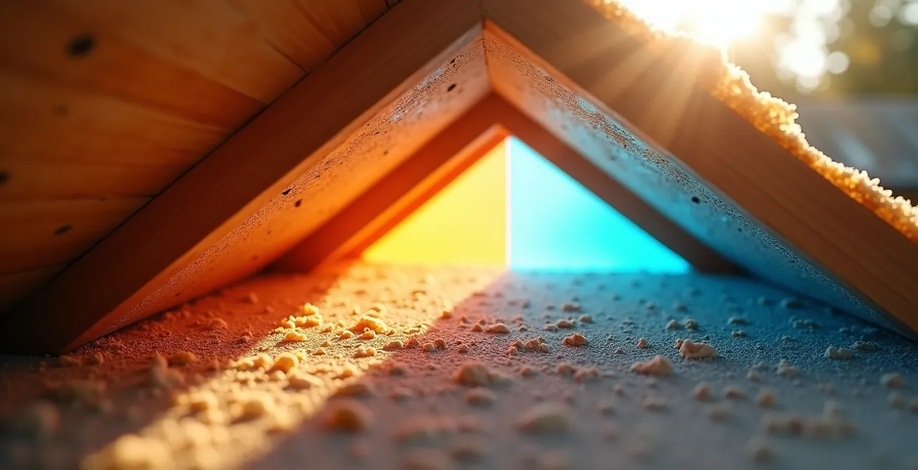 Querschnitt eines Dachaufbaus mit Holzfaserdämmung bei sommerlicher Hitze