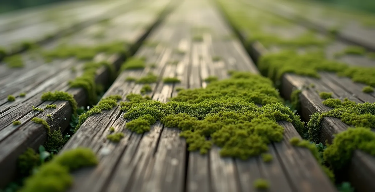 Makroaufnahme von Moos und Biofilm in den Rillen einer Holzterrasse, die die Feuchtigkeitsansammlung zeigt