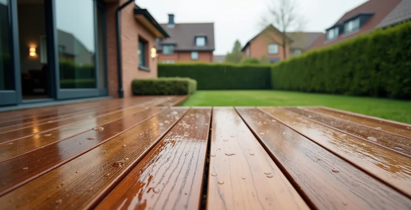 Vergleich verschiedener Holzoberflächen bei Nässe auf einer deutschen Terrasse
