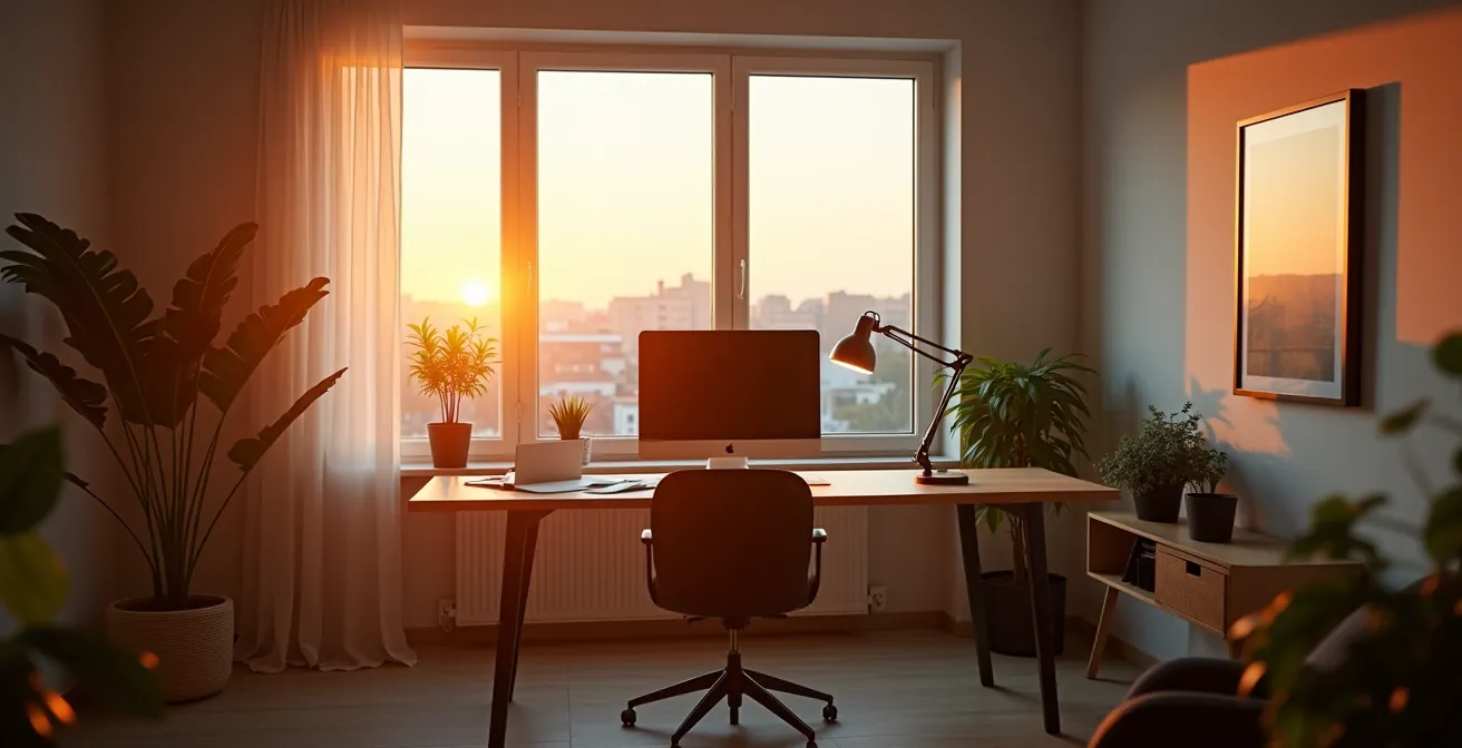 Modernes deutsches Home-Office mit dynamischer LED-Beleuchtung im Tagesverlauf