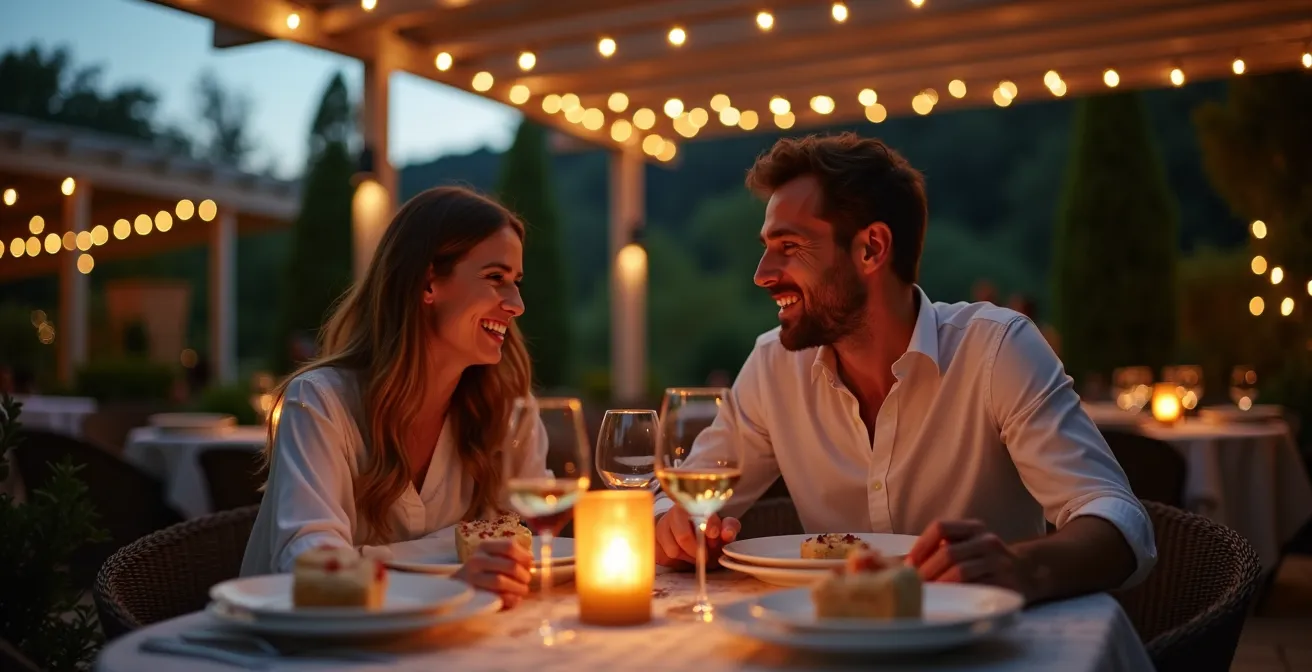 Stimmungsvolle Abendbeleuchtung einer Pergola mit integrierten warmweissen LED-Streifen