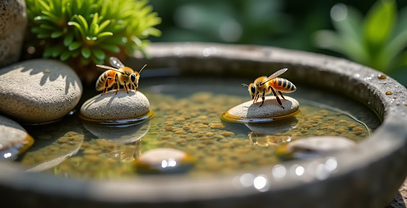 Detailaufnahme einer Insektentränke mit Bienen, die sicher auf Steinen und Moos landen, um zu trinken