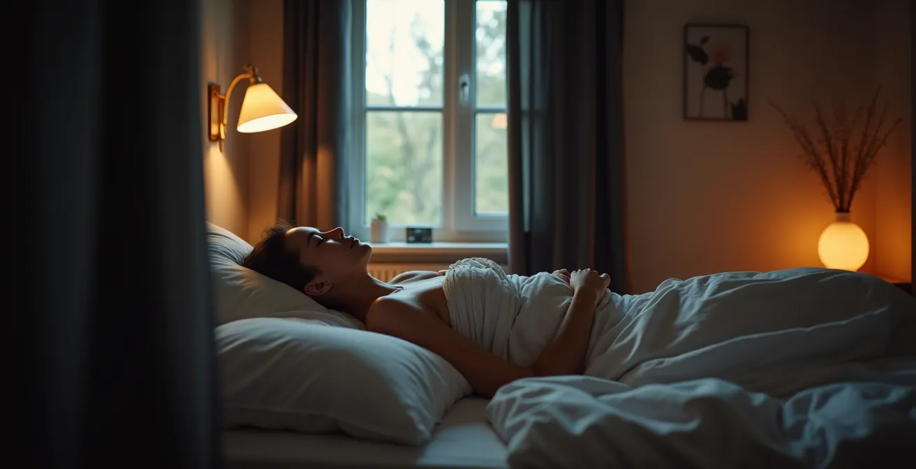 Kleines Schlafzimmer mit geschickt platzierten dunklen Vorhängen