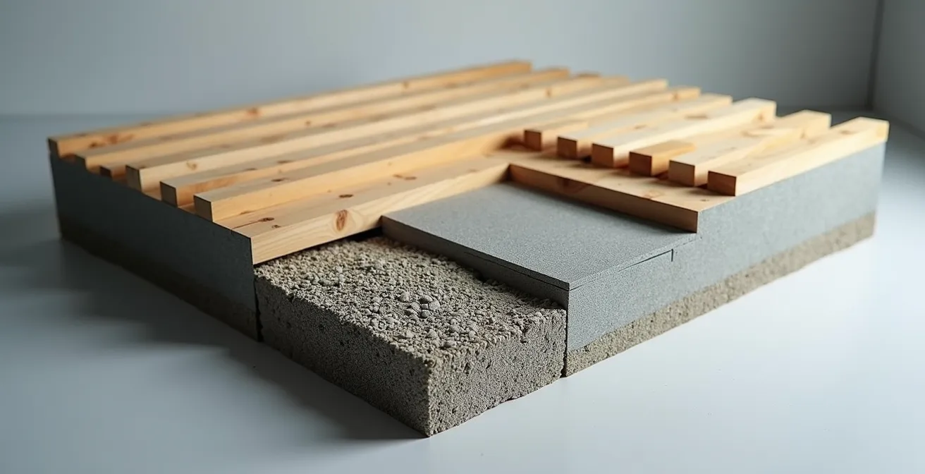 Detaillierte Querschnittsansicht eines Terrassenfundaments mit Unterlüftung und Drainage, die das Prinzip des konstruktiven Holzschutzes verdeutlicht.