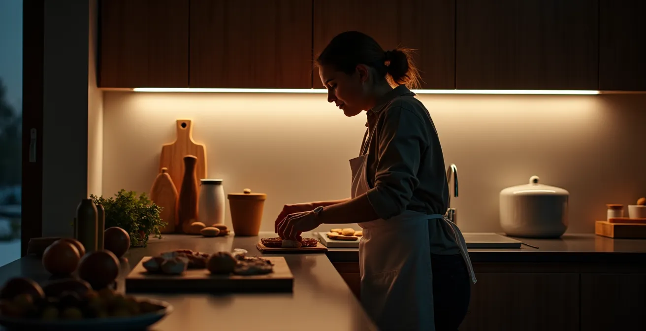 Deutsche Wohnküche mit optimaler Drei-Zonen-Beleuchtung ohne Körperschatten