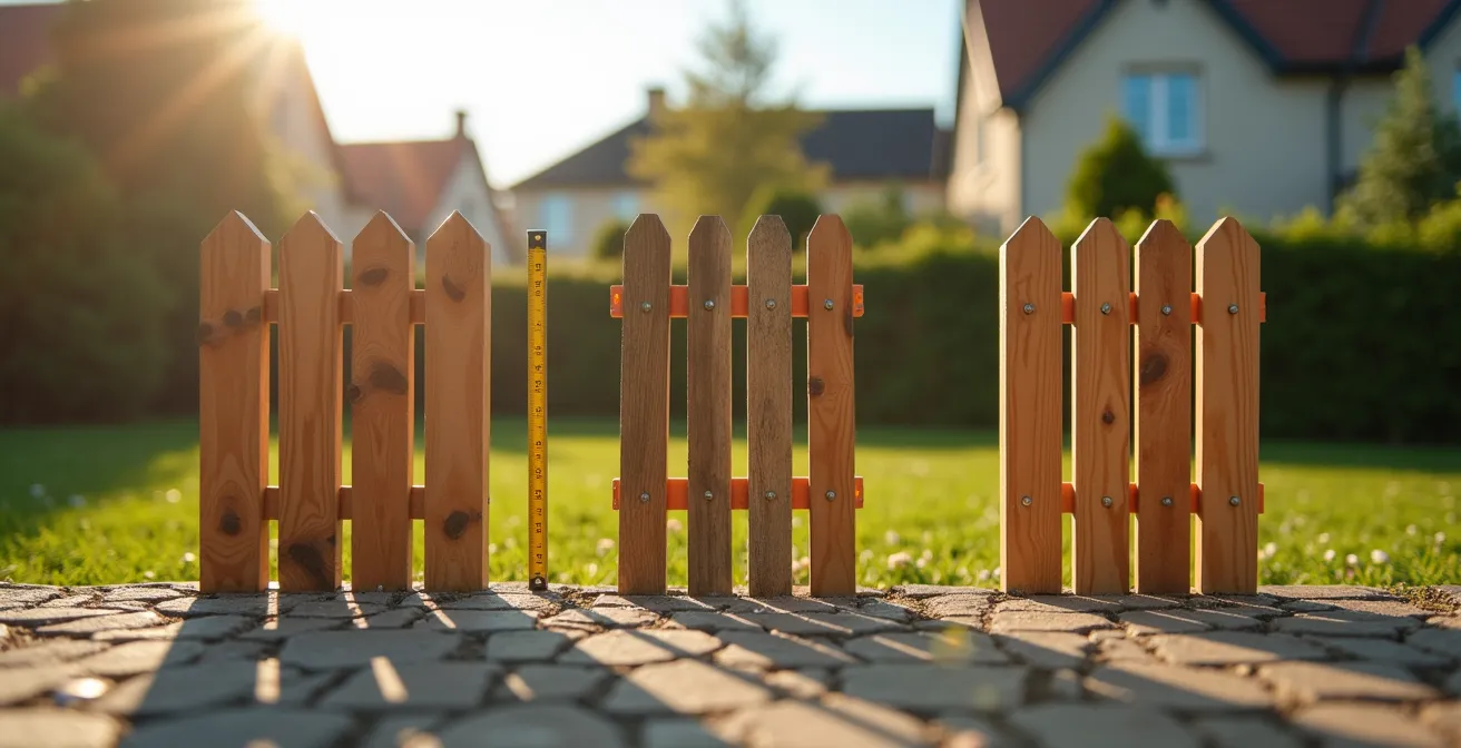 Verschiedene Höhen von Lärmschutzzäunen im deutschen Garten mit Massangaben