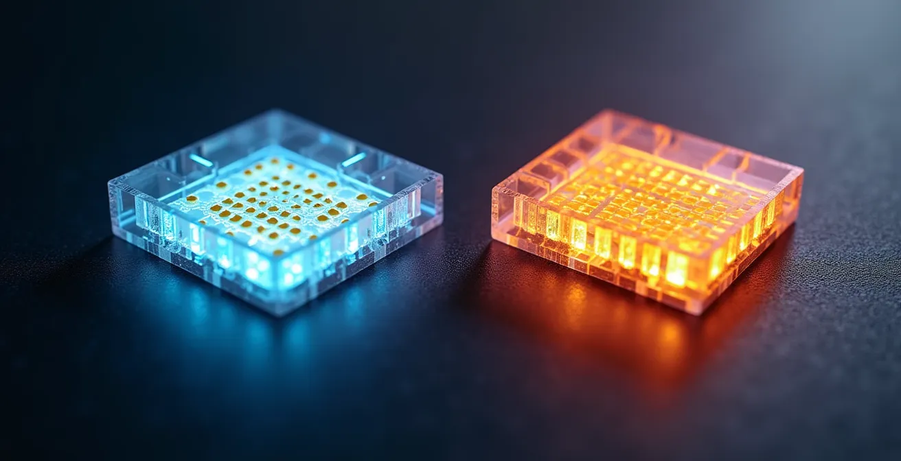 Querschnitt einer LED zeigt unterschiedliche Phosphorschichten bei Standard- und High-CRI-LEDs