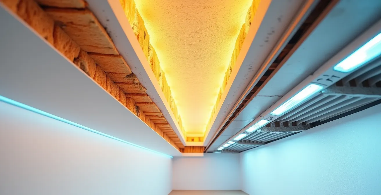 Querschnitt durch gedämmte Decke mit LED-Panel und Wärmeverteilung